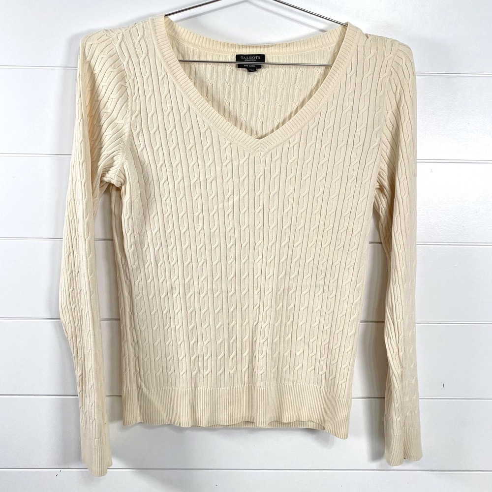 Talbots Sweater Womens Medium Ivory V Neck Cable Knit‎ Pima Cotton Long Sleeve